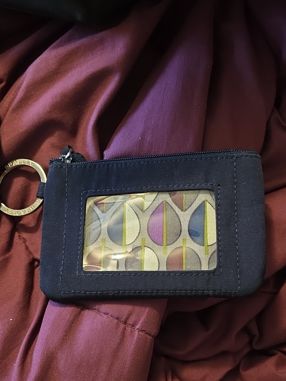 VINTAGE VERA BRADLE BLUE FABRIC ID WALLET KEYRING WITH COLORFUL GEOMETRIC INSERT